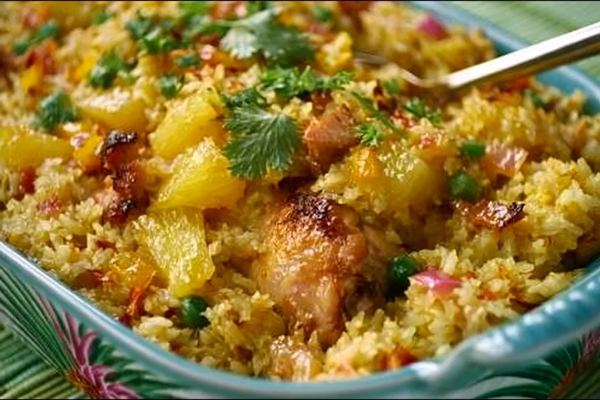Aloha pineapple chicken rice casserole served in a dish