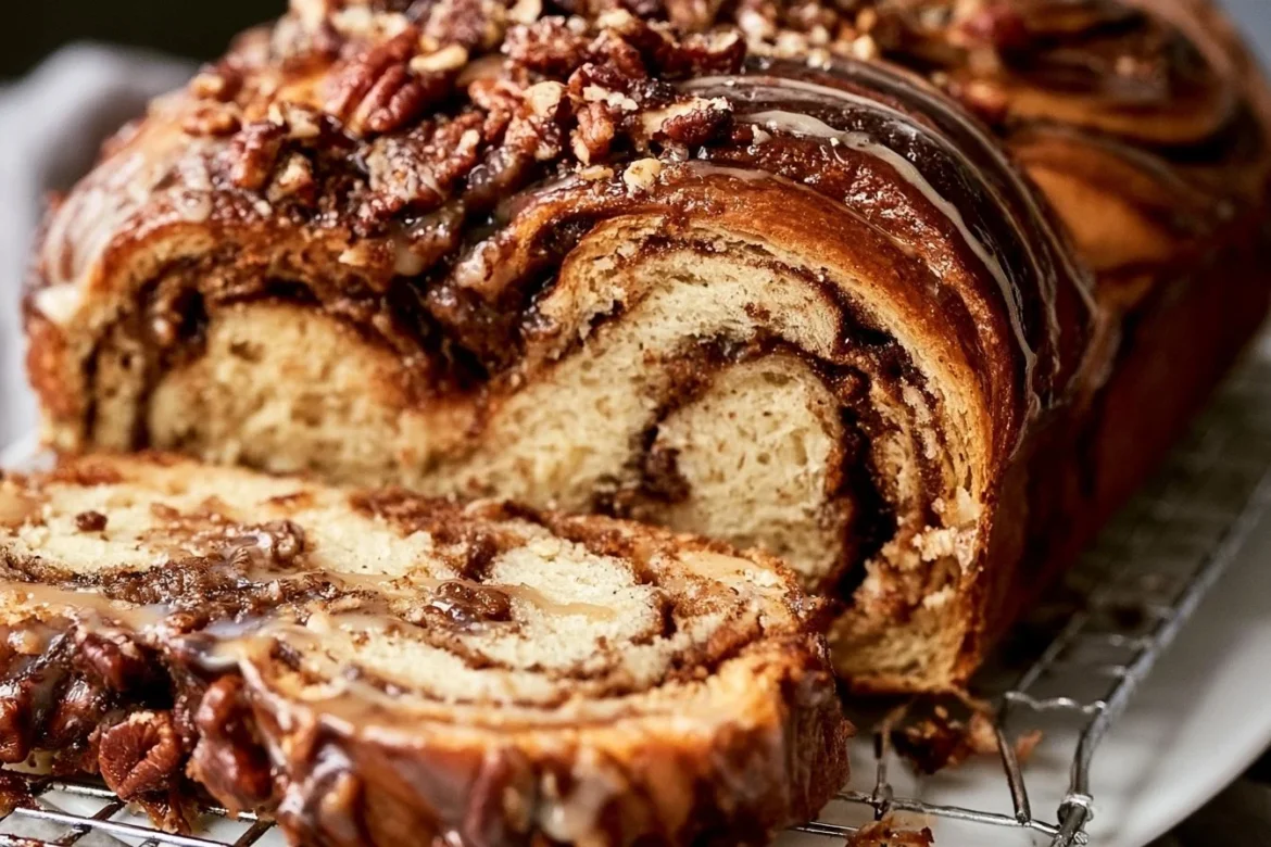 A delicious pecan pie babka, showcasing layers of nutty filling and golden pastry.