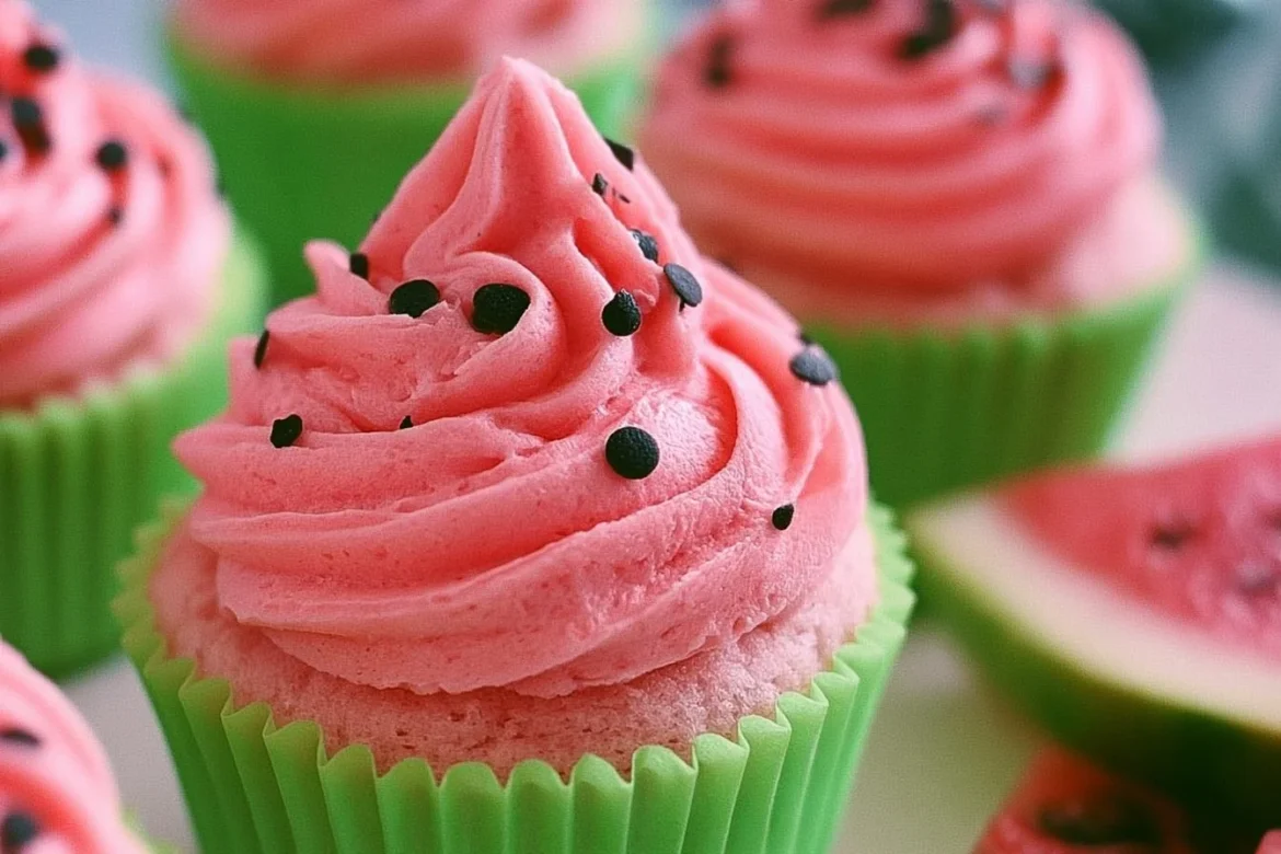 Delicious watermelon cupcakes topped with creamy frosting and watermelon slices