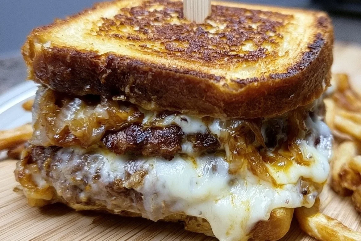 Double Decker French Onion Patty Melt served with caramelized onions and melted cheese