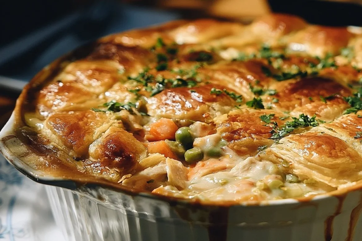 Easy homemade chicken pot pie casserole with flaky crust and creamy filling.