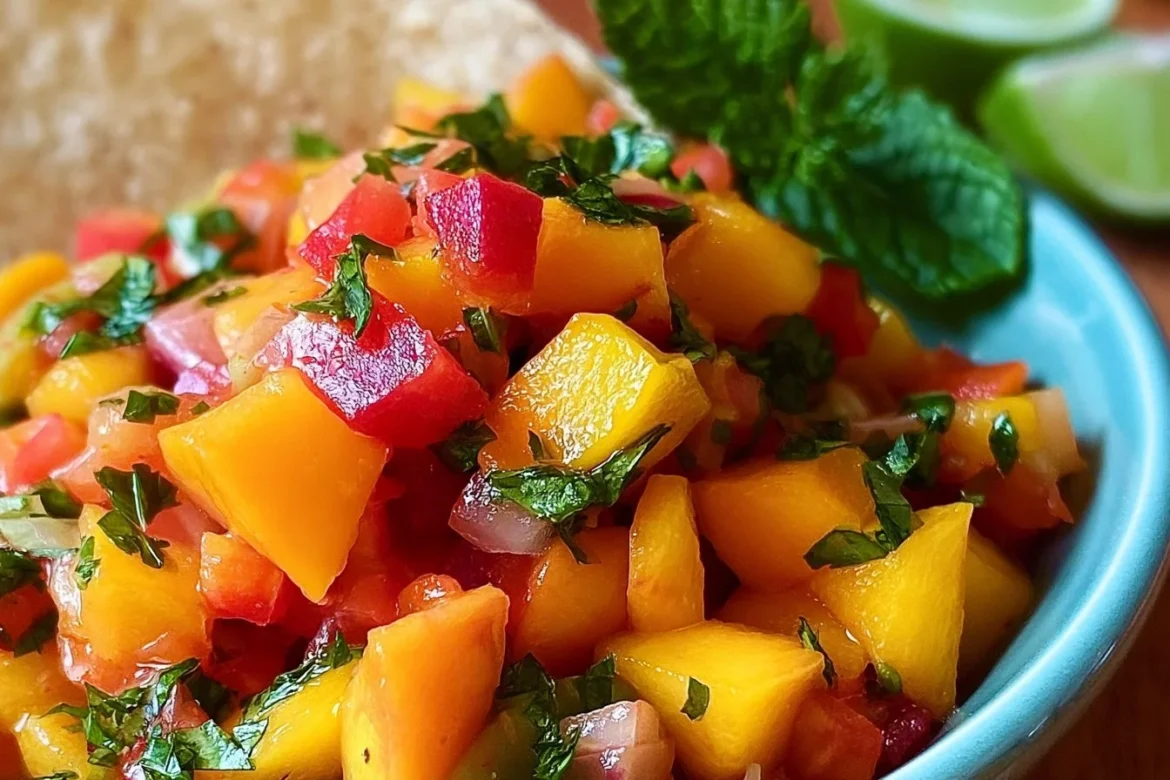Fresh peach salsa in a bowl, perfect for dipping or topping dishes