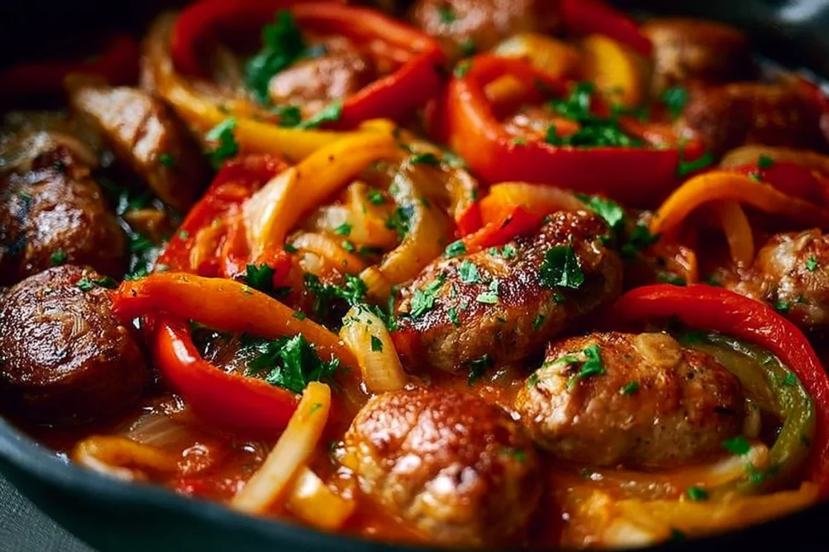 Delicious Italian sausage and peppers skillet dish prepared in a frying pan