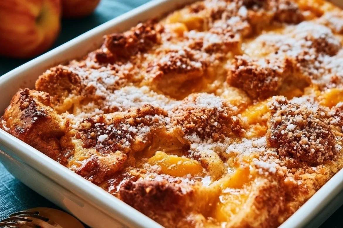 Delicious easy peach cobbler French toast bake topped with fresh peaches