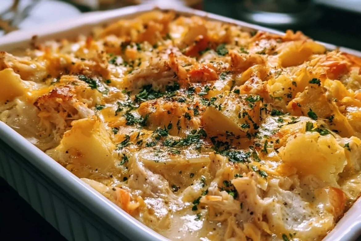 Delicious Potato Chicken Casserole topped with cheese and herbs