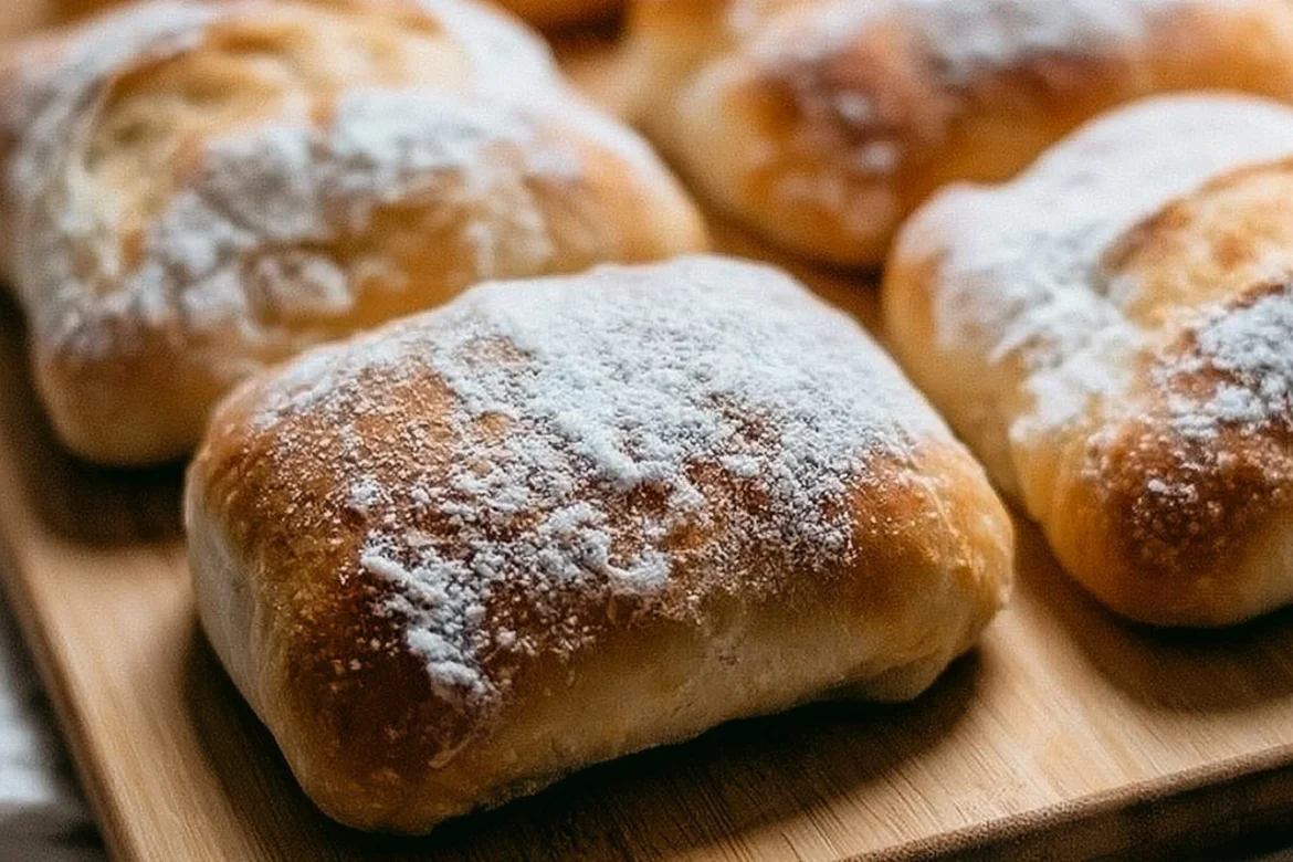 Freshly baked small batch ciabatta rolls on a wooden surface