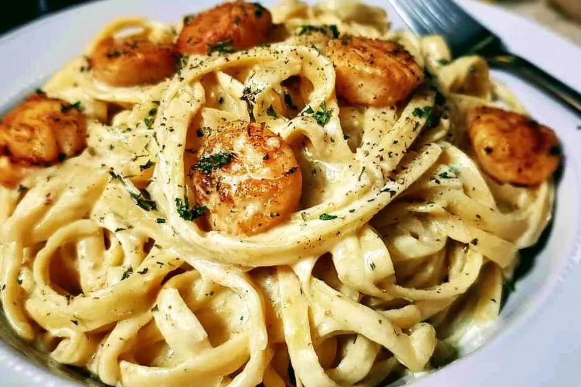 Delicious Fettuccine Alfredo pasta topped with succulent scallops
