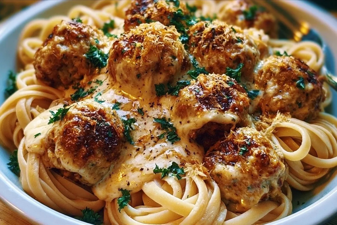 Delicious garlic butter meatball pasta served in a bowl, garnished with fresh parsley.