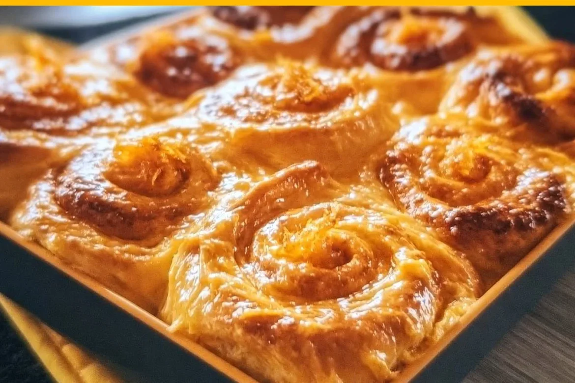 Delicious glazed orange sweet rolls with fruity icing on a plate