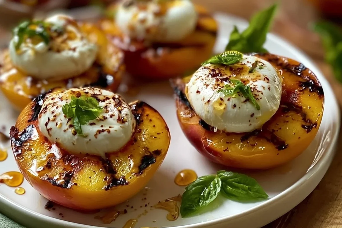 Grilled nectarines topped with burrata cheese and honey drizzle