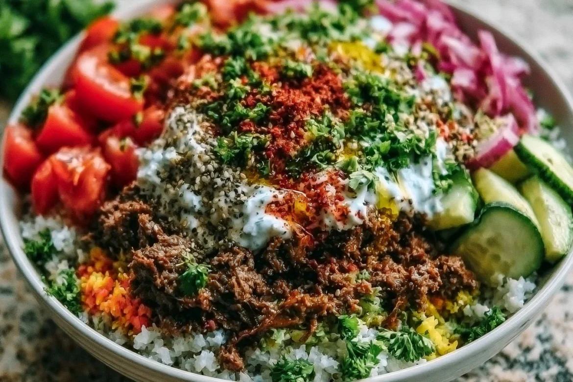 Ground Beef Shawarma Bowl garnished with fresh vegetables and sauces