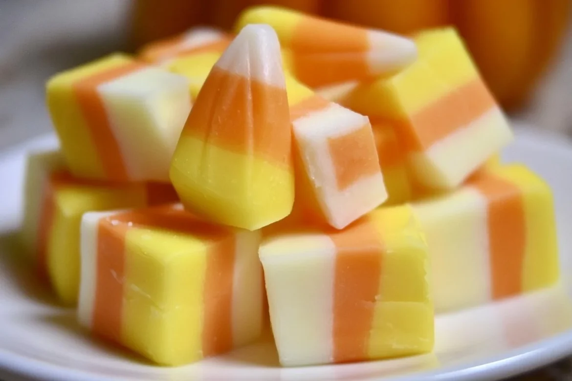 Homemade Halloween Candy Corn Fudge decorated with colorful candy corn