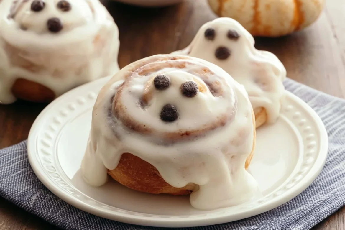 Decorative Halloween Ghost Cinnamon Rolls on a plate