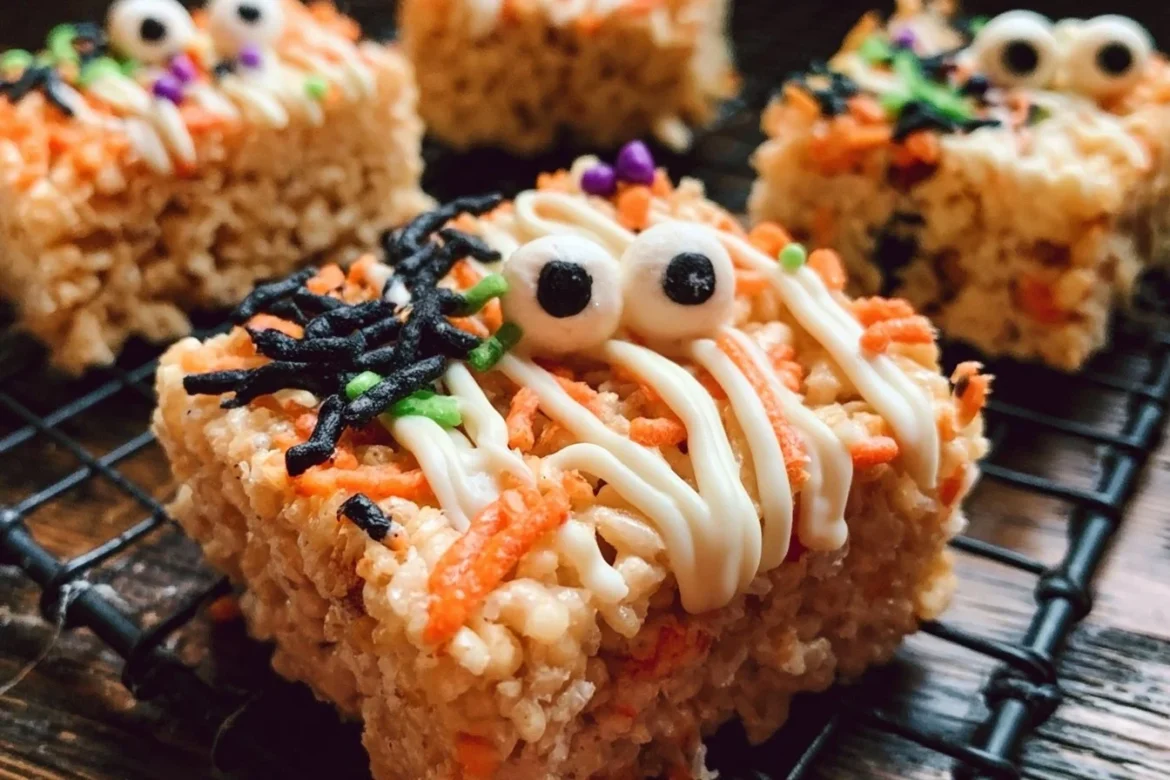 Colorful Halloween Rice Krispie Treats shaped like ghosts and pumpkins