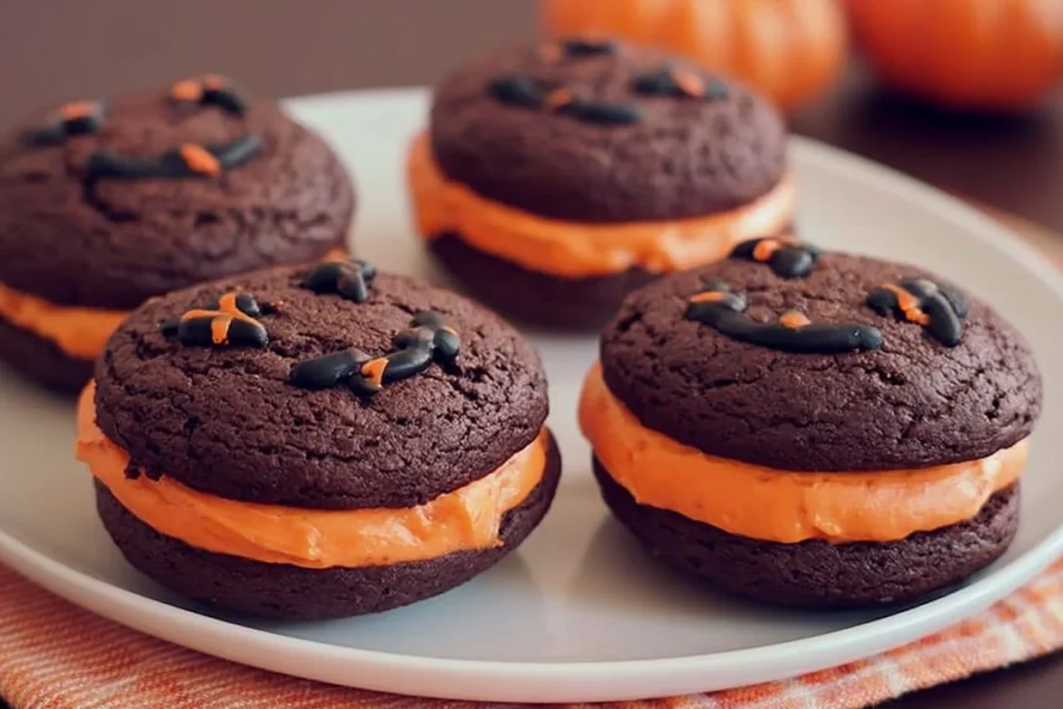 Delicious Halloween whoopie pies decorated with festive colors and spooky themes.