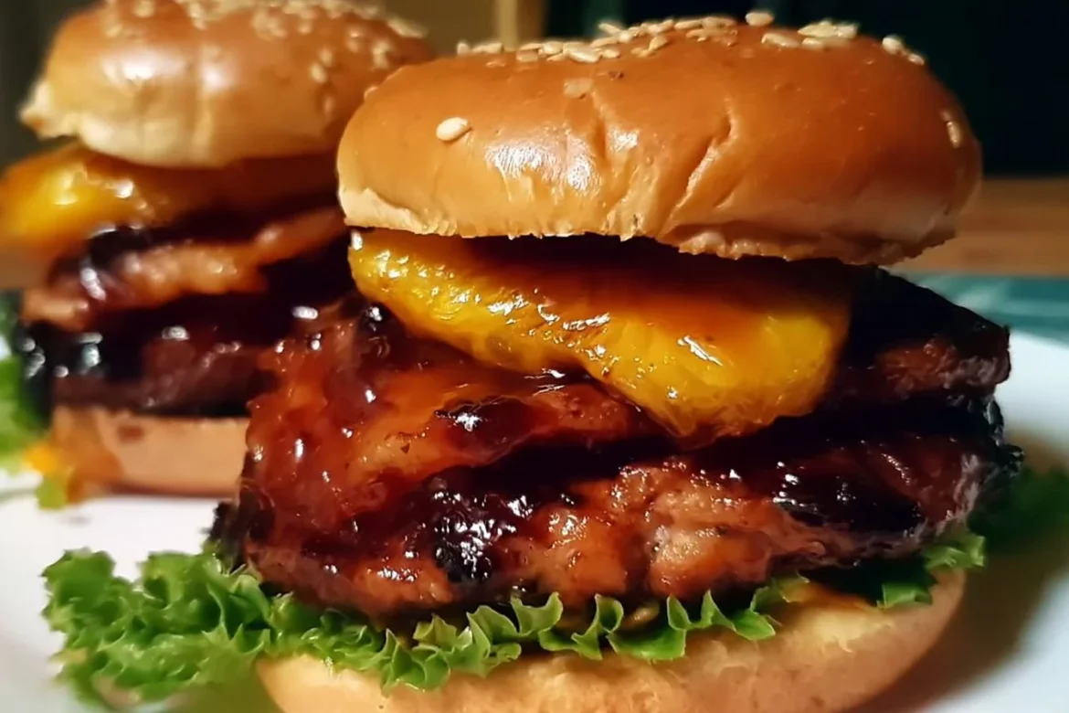 Hawaiian teriyaki pineapple burger topped with grilled pineapple slice