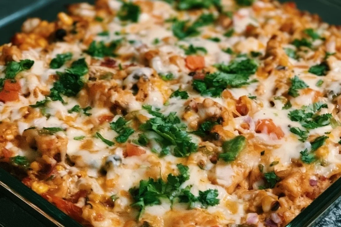 Healthy chicken burrito casserole topped with cheese and fresh vegetables