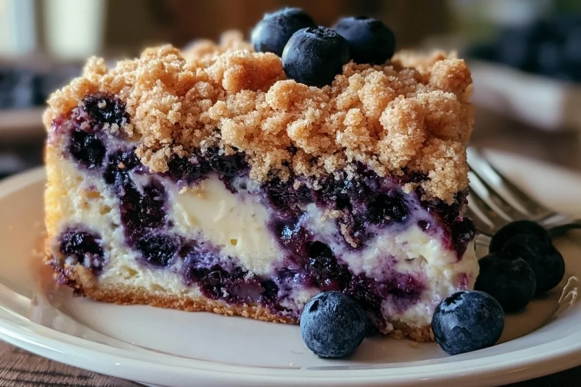 Heavenly blueberry crumb cake with cream cheese topping on a plate