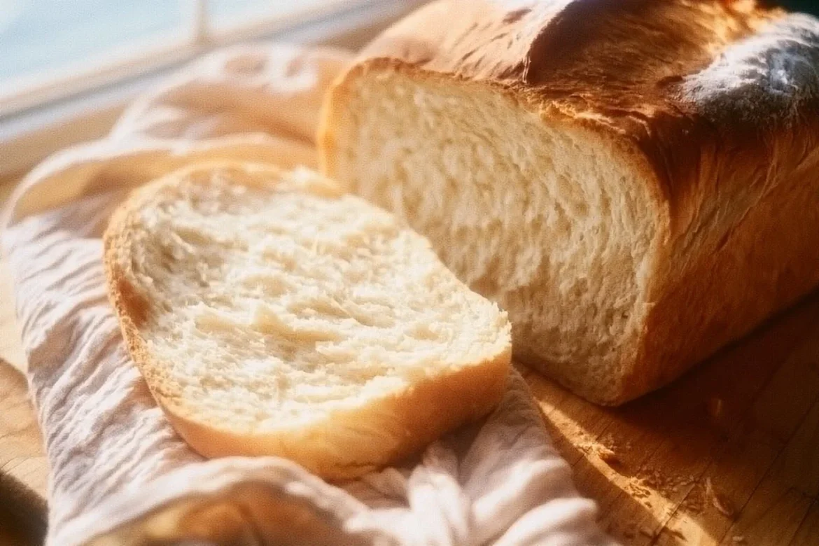 Loaf of freshly baked Homemade Amish White Bread on a wooden table