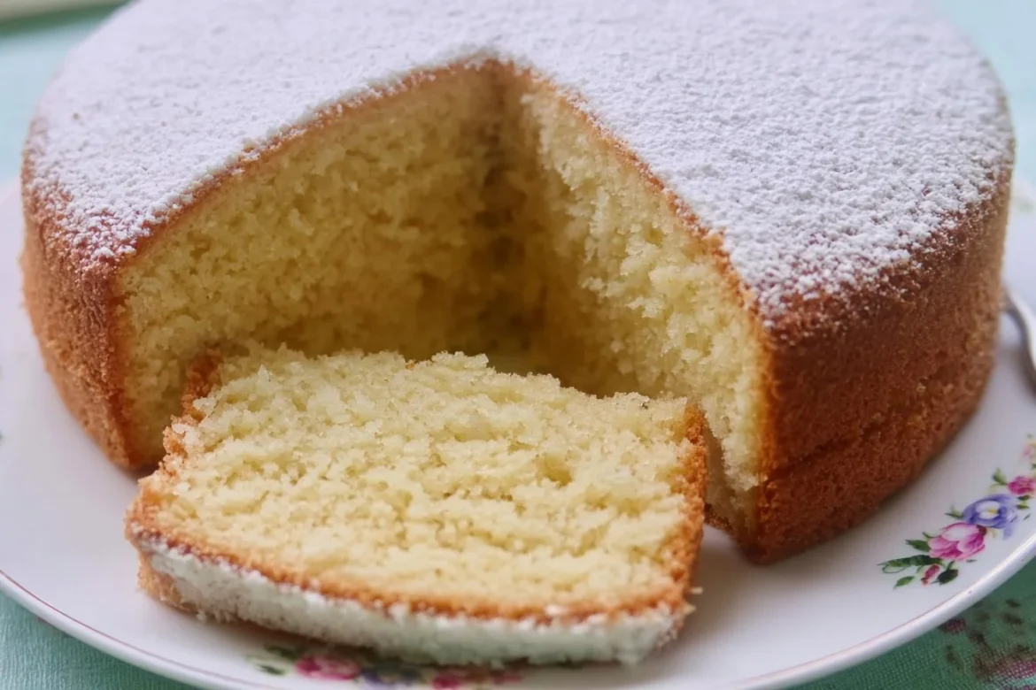 Homemade vanilla sponge cake topped with cream and berries