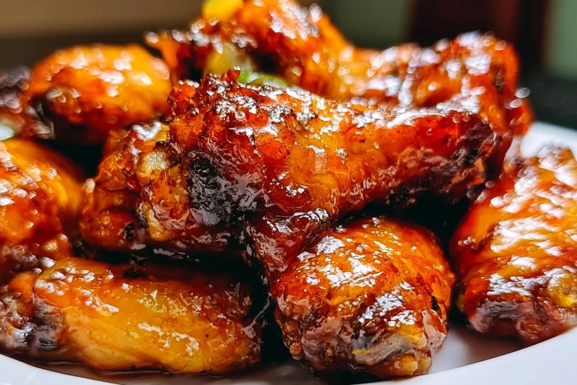 Delicious hot honey wings drizzled with spicy honey glaze