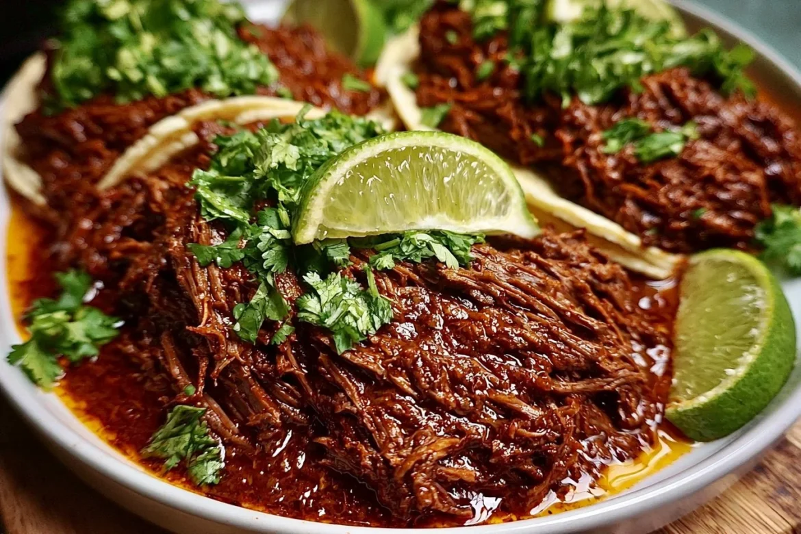 Delicious crockpot beef barbacoa served in a taco with fresh toppings.