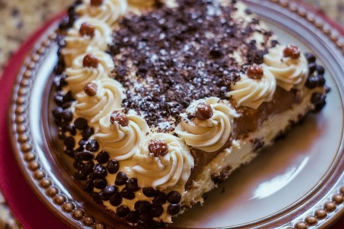 Delicious Italian Cannoli Cake decorated with ricotta and chocolate chips.