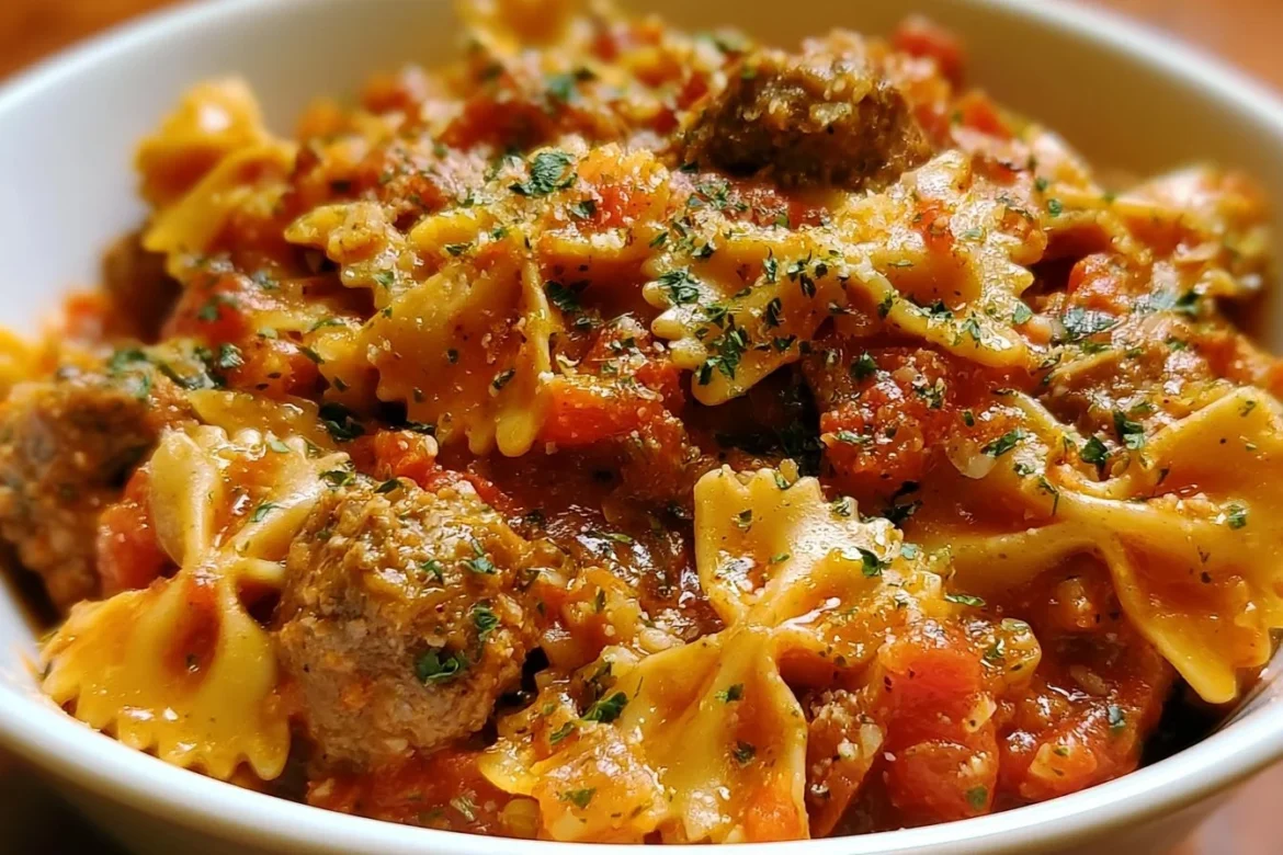 Italian sausage served with bow tie pasta dish on a plate