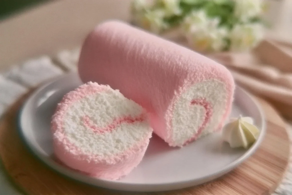 Japanese cotton candy cake roll showcasing pastel swirls and fluffy texture.