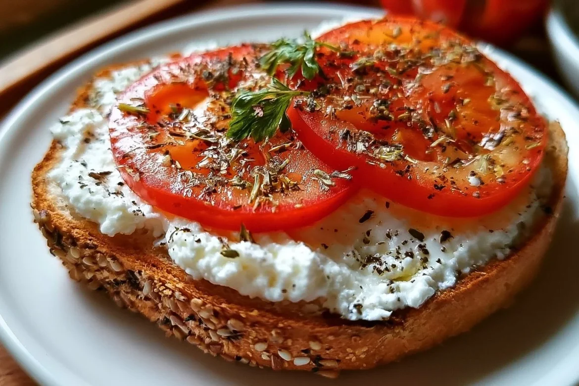 Juicy cottage cheese and tomato toast topped with fresh herbs on a rustic wooden board.