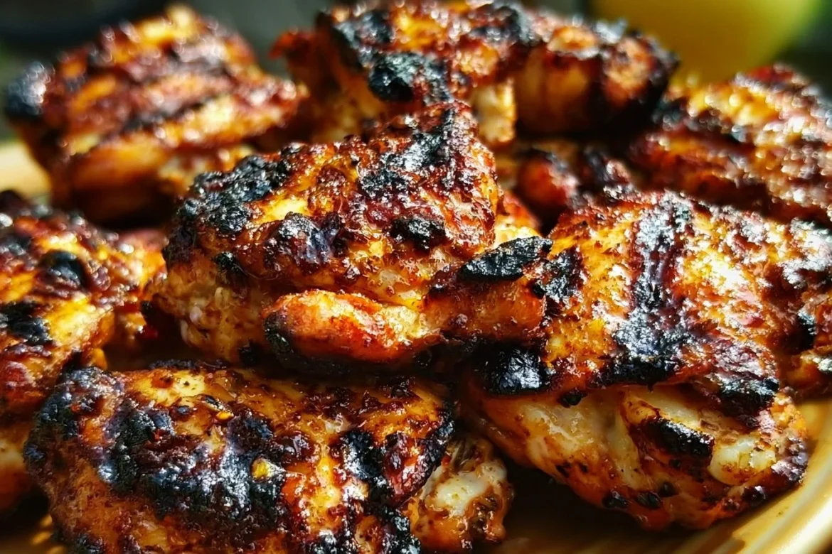 Juicy grilled boneless chicken thighs on a barbecue grill