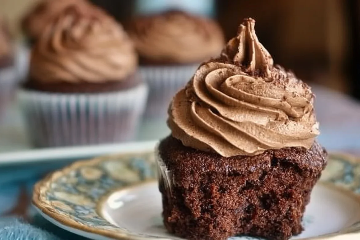 Delicious Kahlua Chocolate Cupcakes topped with creamy frosting.
