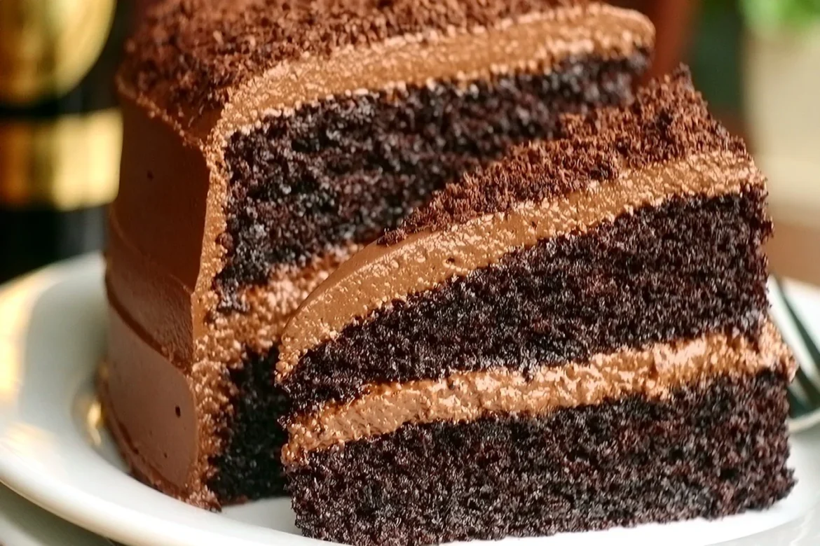 Delicious Kahlua coffee chocolate layer cake topped with chocolate ganache