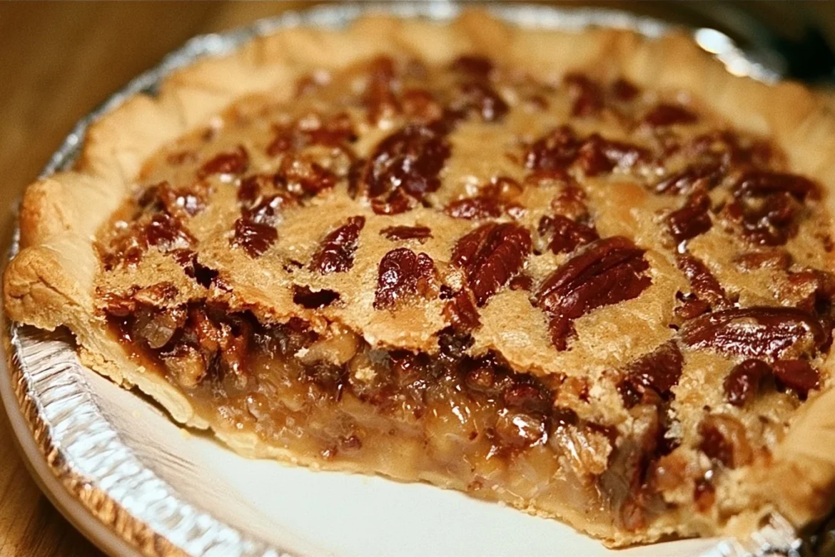 Delicious slice of Kentucky Pecan Pie garnished with pecans on a plate.