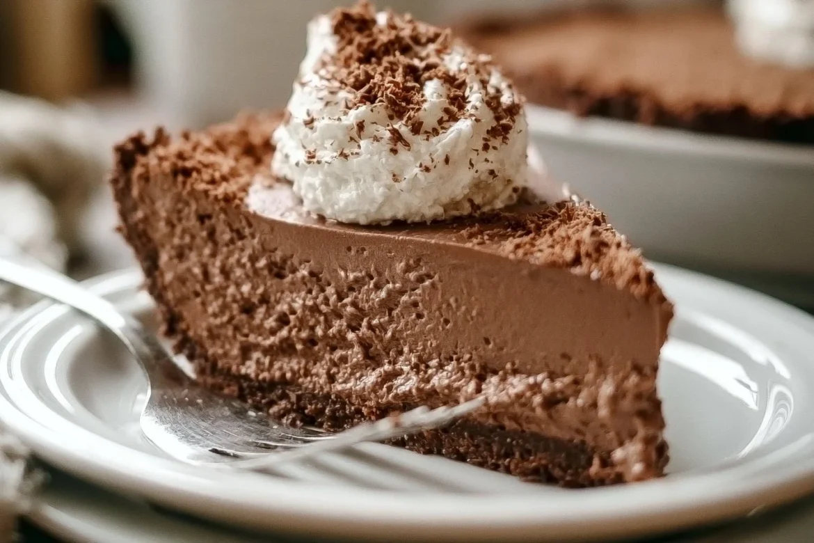 Delicious Keto French Silk Pie topped with whipped cream and chocolate shavings