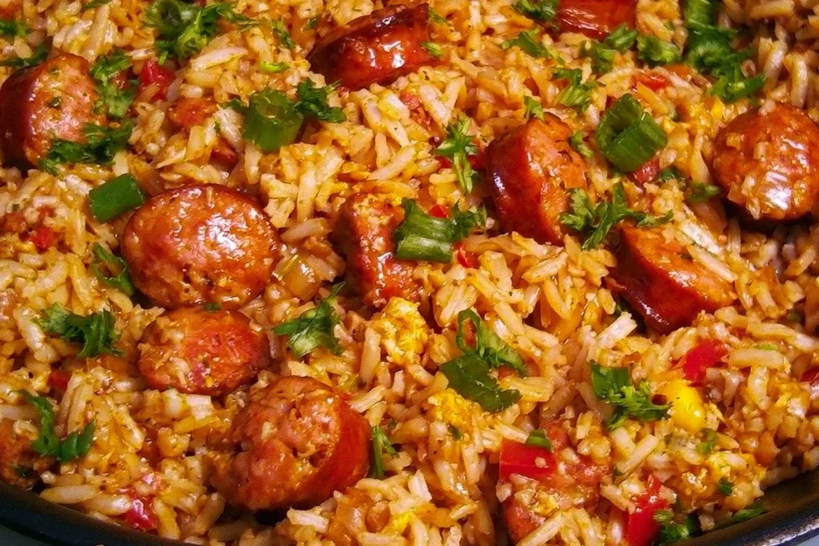 Kielbasa and rice skillet dish garnished with herbs in a frying pan