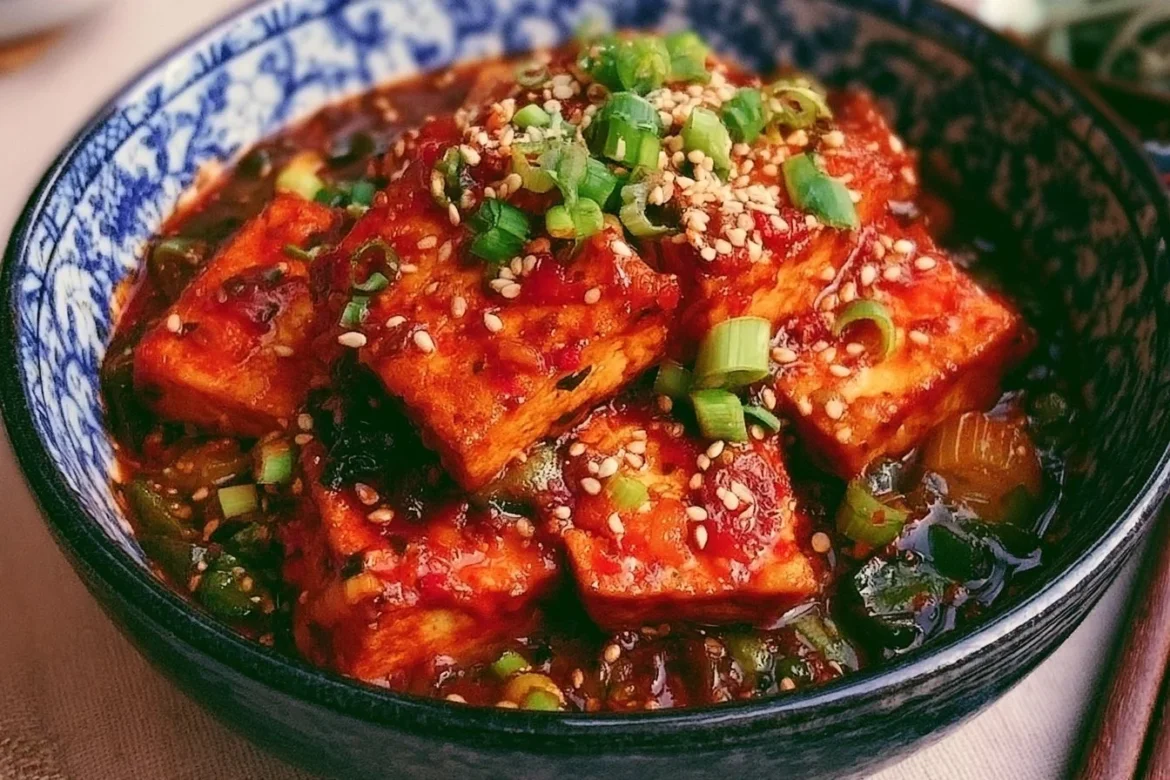 Korean Braised Tofu served on a plate with garnishes and sauce