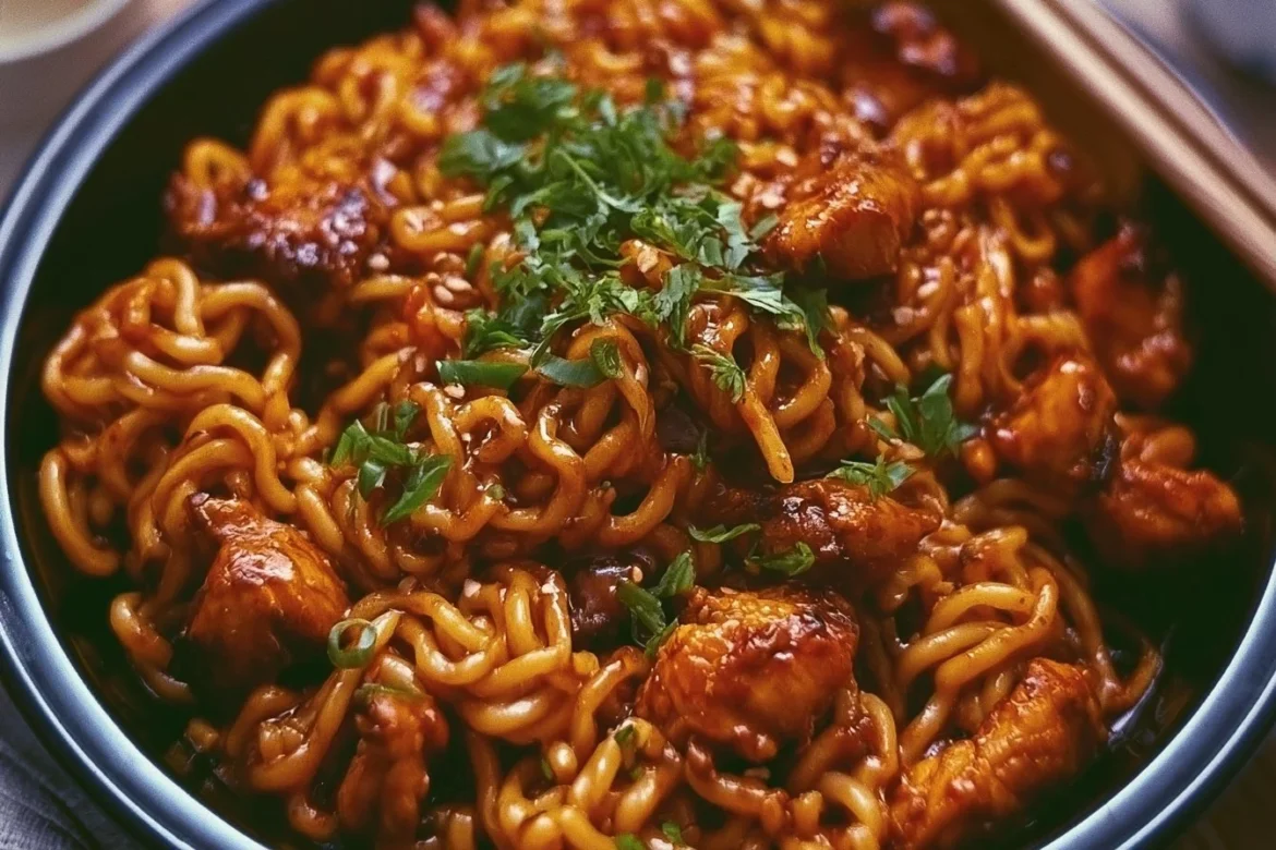 A bowl of Korean spicy chicken noodles garnished with vegetables and herbs.