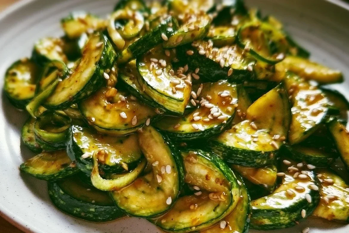 Delicious Korean zucchini side dish garnished and served on a plate