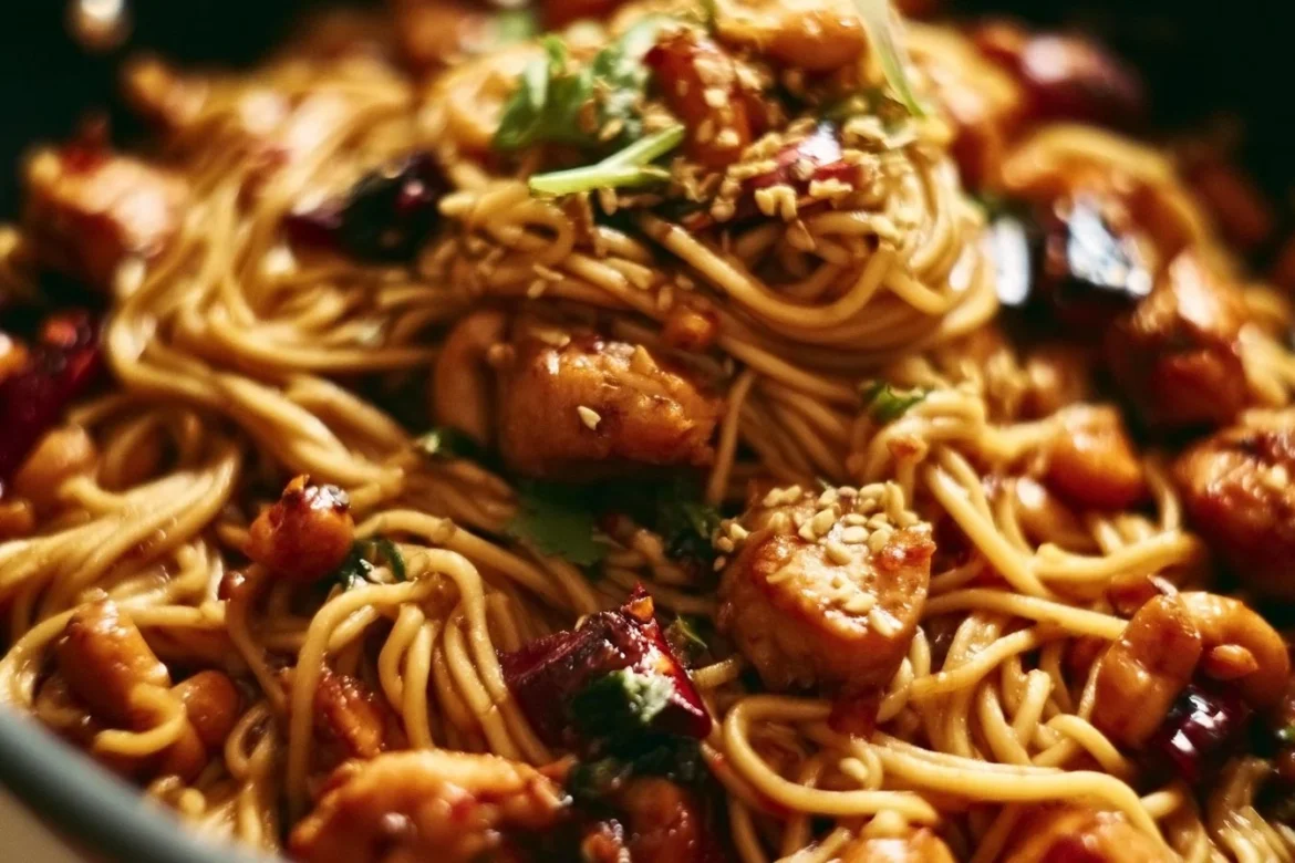 Plate of Kung Pao Chicken Noodles garnished with vegetables and peanuts