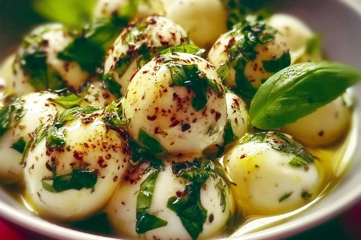 Lemon Basil Marinated Mozzarella Balls in a bowl with fresh herbs