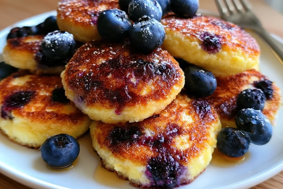 Lemon blueberry cottage cheese pancake bites on a plate