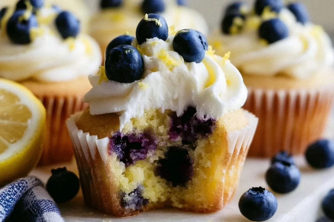 Delicious lemon blueberry cupcakes topped with creamy lemon frosting
