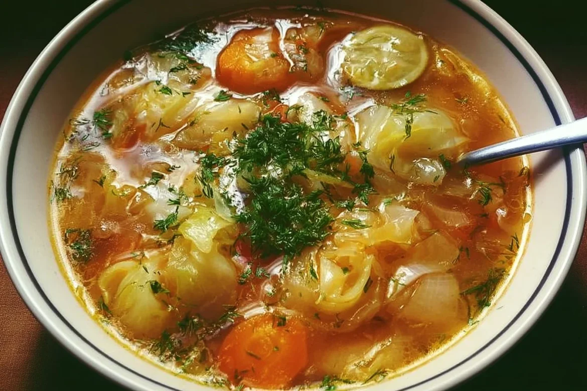 Bowl of Lemon Dill Cabbage Soup garnished with dill and lemon slices