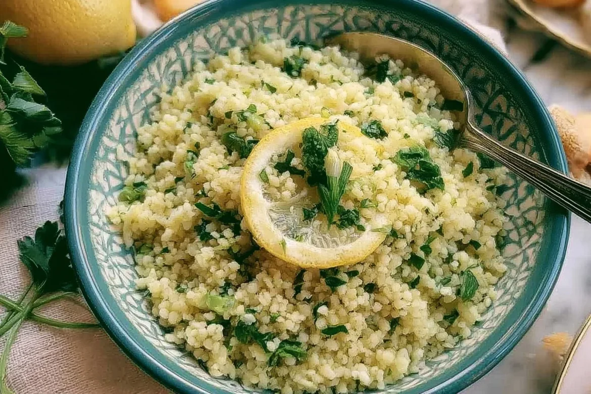 Bowl of zesty Lemon Herb Couscous garnished with fresh herbs.