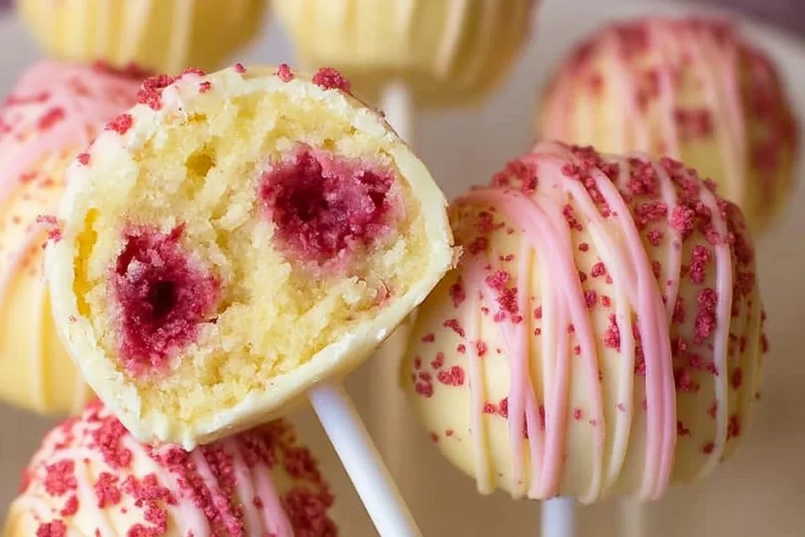 Delicious lemon raspberry cake pops decorated with vibrant raspberries and lemons.