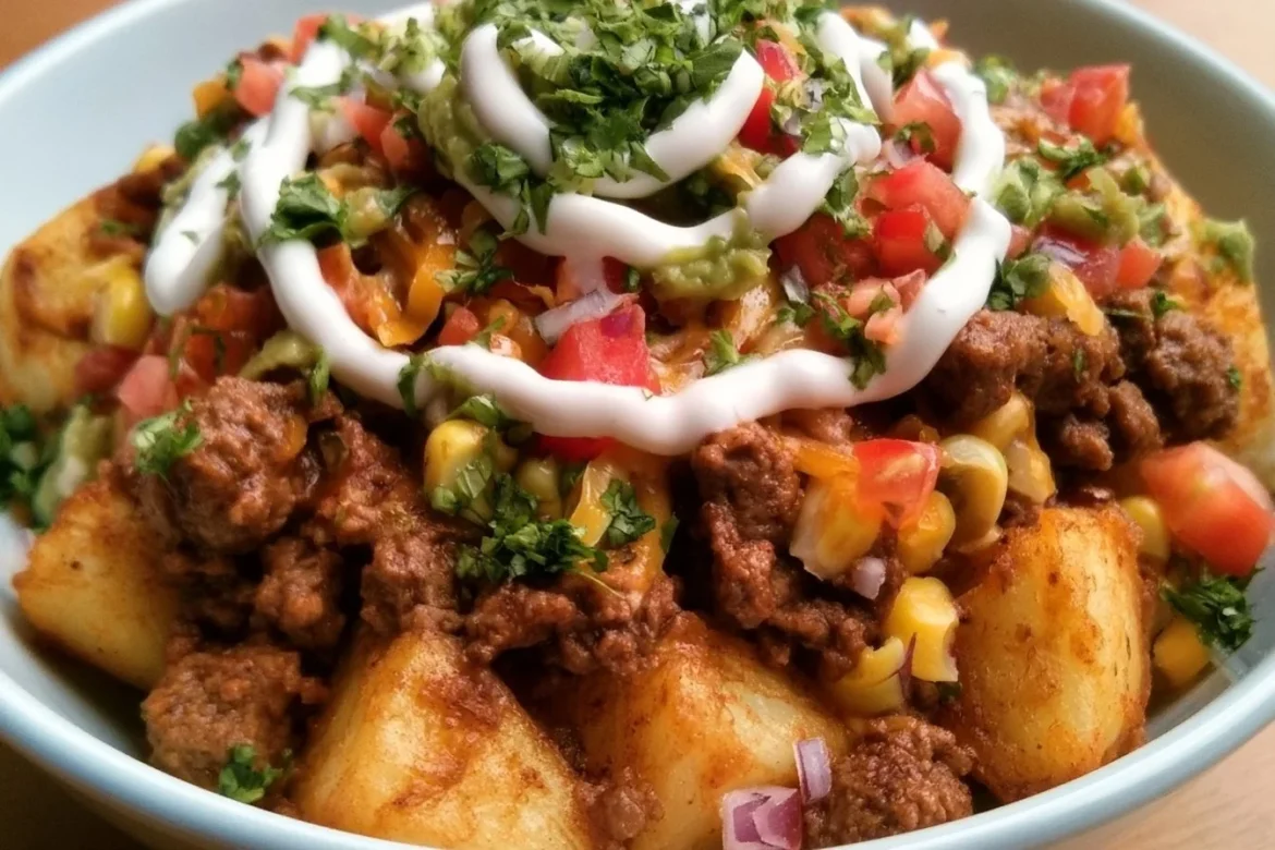 Loaded Potato Taco Bowl garnished with fresh toppings and served in a bowl.