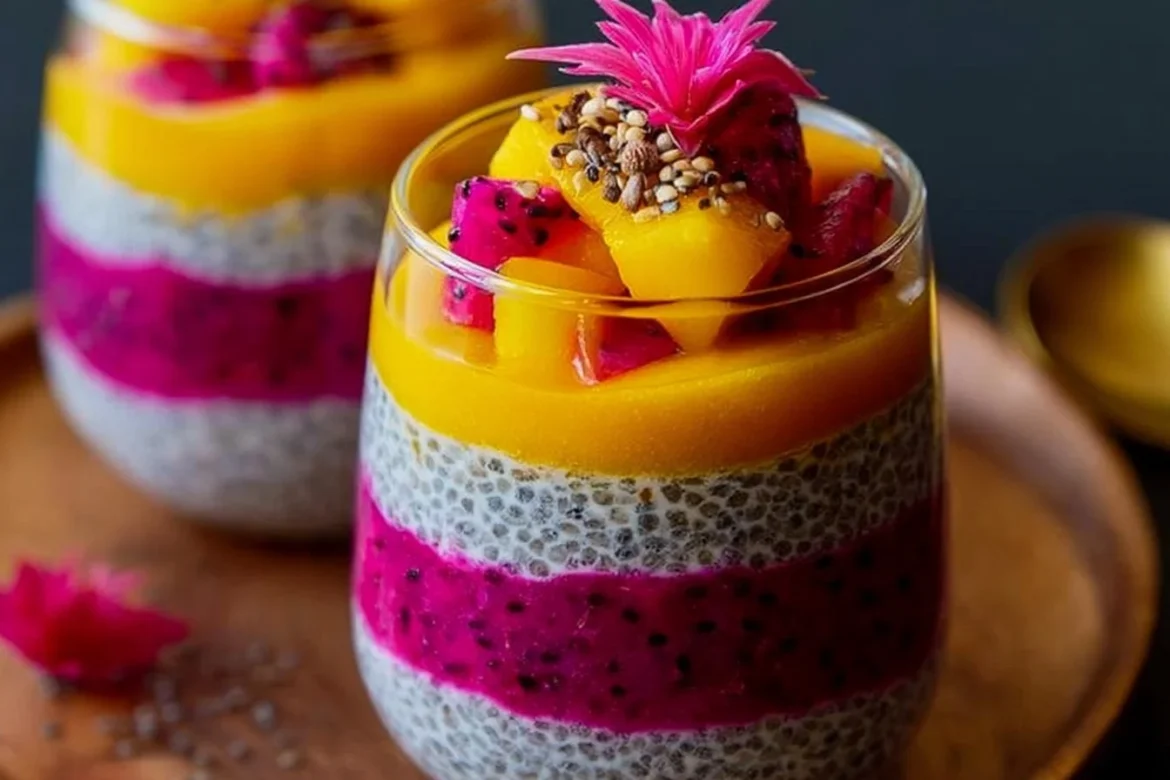 Mango and Dragon Fruit Chia Pudding served in a bowl