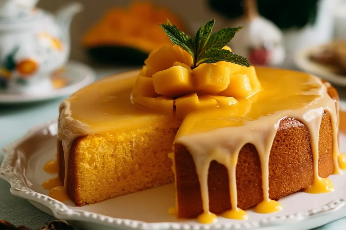 Mango Glazed Cake topped with vibrant mango glaze and fresh mango slices