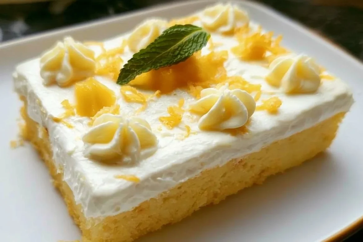 Mango Lassi Tres Leches Cake topped with fresh mango and cream
